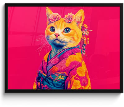 Poster in lijst - Fotolijst 70x50 cm - Posters - Kat - Kimono - Bloemen - Roze - Posterlijst zwart - Decoratie - Wanddecoratie woonkamer - Muurdecoratie slaapkamer