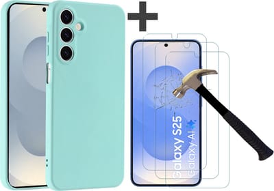 Hoesje geschikt voor Samsung Galaxy S25 hoesje zacht siliconen met 3 Stuks gehard glas Screenprotectors- Arara backcover - Mint Groen