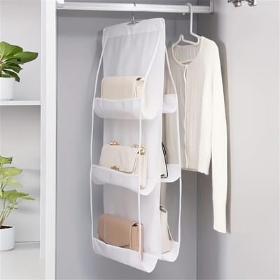 Ruimtebesparende Meerlaagse Hangende Tas Organizer Duurzaam Vliesstof, Transparante Plastic Vakken voor Handtassen, Portemonnees & Accessoires, Ideaal voor Kastopslag 6 Pockets wit