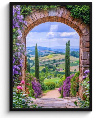 Poster in lijst - Fotolijst 50x70 cm - Posters - Doorkijk - Toscane - Landschap - Poort - Posterlijst zwart - Decoratie - Wanddecoratie woonkamer - Muurdecoratie slaapkamer