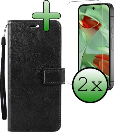 Hoesje Met 2x Screenprotector - Geschikt voor Google Pixel 10 - Luxe Pasjeshouder - Bookcase Portemonee - Flip Case - Kunstleer Book Case - Flipcase Hoes - Book Cover - Walletcase - Portemonneehoes - Zwart