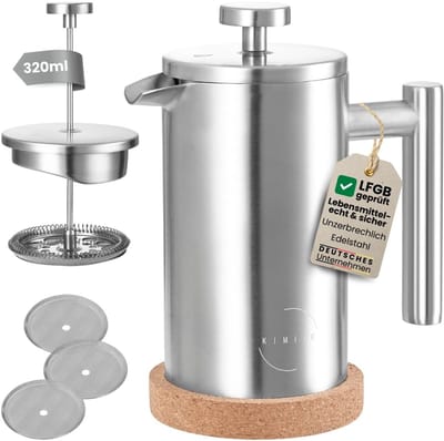 Koffiezetapparaat - French Press - Aroma Vol - Dubbelwandig Geïsoleerd - 320 ml - Zilver