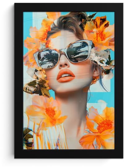 Poster in lijst - Fotolijst 20x30 cm - Posters - Bloemen - Vrouw - Zonnebril - Blauw - Posterlijst zwart - Decoratie - Wanddecoratie woonkamer - Muurdecoratie slaapkamer