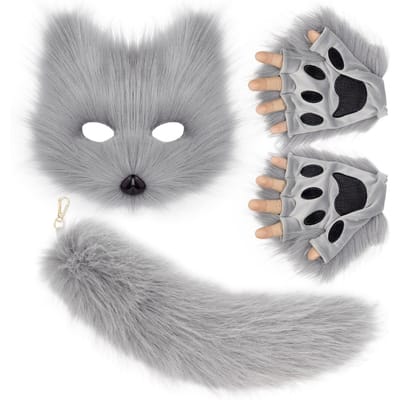 Fluffy Fur Fox Tail Sleutelhanger Kattenpoten Handschoenen En Wolf Therian Masker Set Voor Halloween Cosplay Kostuum Accessoires one size