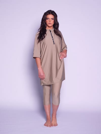 MYKINY BRAND - Yasmine - Taupe - Zwemset - Semi burkini - Badpak - Maat M (valt klein) + Swim Skin