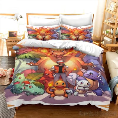Pokemon Beddengoed Set Cartoon Anime Kinder Slaapkamer Dekbedovertrek Jongen Meisje Beddengoed Enkel Dubbel King Pikachu Dekbedovertrek Cadeau AU Single(140*210cm)3pcs