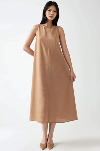 Linnenachtig Mouwloos Crew Neck Midi-jurk