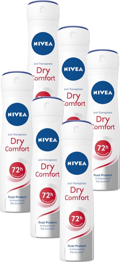 NIVEA Dry Comfort Deodorant Spray - Anti-Transpirant - Droog gevoel - 72 uur bescherming - Met mineralen en DryPlus-systeem - Alcoholvrij - 6 x 150 ml - Voordeelverpakking