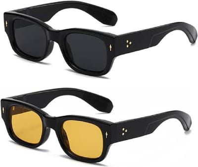 Set van 2 retro vierkante/rechthoekige zonnebrillen, unisex (zwart/grijs + zwart/geel)