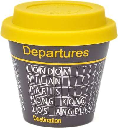 Quy Cup - 90ml Ecologische Reis Beker - Espressobeker “Departures” met Gele Siliconen deksel