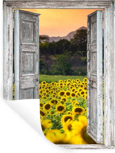 Muurstickers - Sticker Folie - Zonnebloem - Avond - Bloemen - Doorkijk - 30x40 cm - Plakfolie - Muurstickers Kinderkamer - Zelfklevend Behang - Zelfklevend behangpapier - Stickerfolie