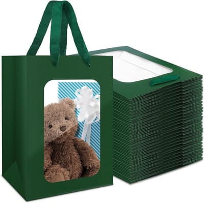 50 Stuks Donkergroene Papieren Cadeauzakken met Handvatten - 230GSM, 20x16x30cm - Perfect voor Feesten, Verjaardagen en Cadeaus met Venster