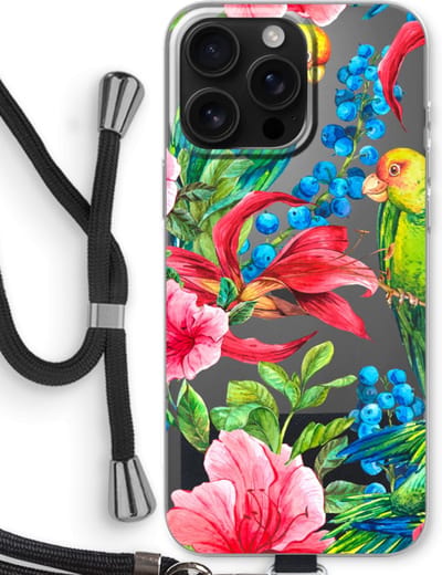 Case Company® - Hoesje met koord geschikt voor iPhone 16 Pro Max hoesje met Koord - Papegaaien - Telefoonhoesje met Zwart Koord - Bescherming aan alle Kanten en Over de Schermrand