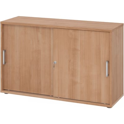 Schuifdeurkast TARVIS, 2 ordnerhoogten, B 1200 x D 400 x H 748 mm, afsluitbaar & stapelbaar, notenhoutpatroon