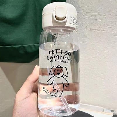 Plastic Waterfles Waterbeker Met Rietje Eenvoudig Grote Capaciteit Draagbaar Valbestendig En Draagbare Beker Cartoon IJs Zuignap 0.6L gray