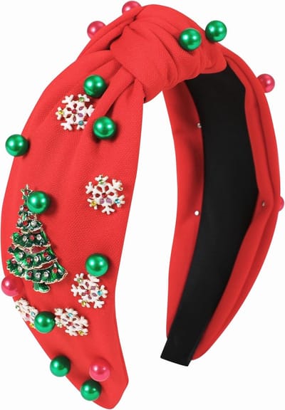 Feestelijke Kerst Haarband met Sneeuwvlokken en Parels - Breed Geknoopt Accessoire