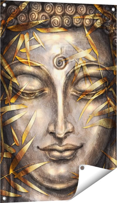 Gards Tuinposter Boeddha Beeld met Gouden Bladeren - 60x90 cm - Tuindoek - Tuindecoratie - Wanddecoratie buiten - Tuinschilderij