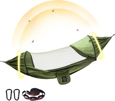 Reishangmat met Vliegennet - Kampeerhangmat Tent - Outdoor Ontspanning - Hoge Dichtheid Vliegennet - 270 x 140 cm - Legergroen