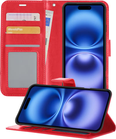 Hoesje - Geschikt voor Apple iPhone 16 - Luxe Bookcase - Walletcase Hoes - Portemonnee - Cover - Telefoonhoes - Rood