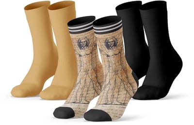 Sock My Feet - Sokken Heren - 3-Pack - Maat 43-46 - Duurzaam & Naadloos - Da Vinci Vitruviusman Print & Effen