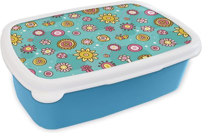 Broodtrommel Blauw - Lunchbox - Brooddoos - Bloemen - Vlinders - Patronen - 18x12x6 cm - Kinderen - Jongen