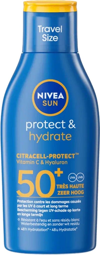 NIVEA SUN Protect & Hydrate Travelsize Zonnebrand SPF 50 - Mini Zonnebrand - Reisformaat Zonnecrème Waterbestendig - 100 ml