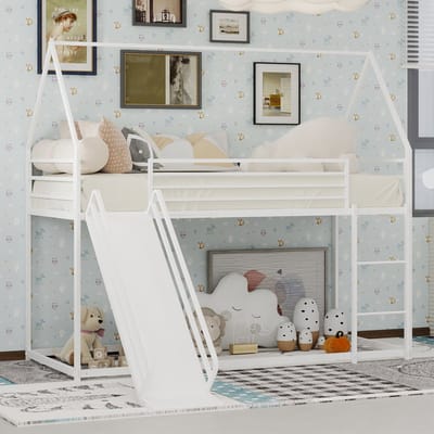 Sweiko Hoogslaper - 90x190 cm - Met glijbaan - Huisvormig - Metalen frame - Kinderbed - Wit