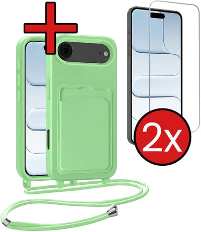 Hoesje Geschikt voor iPhone Air Hoesje Met Telefoonkoord en Pasjeshouder Met 2x Screenprotector Siliconen - Hoes Geschikt voor iPhone Air Hoesje Met Kaarthouder Case - Groen