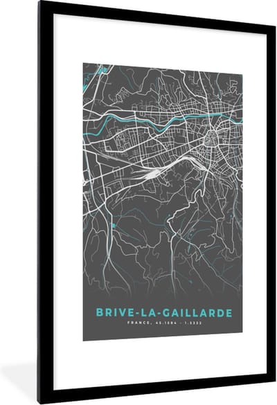 Fotolijst incl. Poster - Brive-la-Gaillarde - Frankrijk - Stadskaart - Plattegrond - Kaart - 60x90 cm - Posterlijst