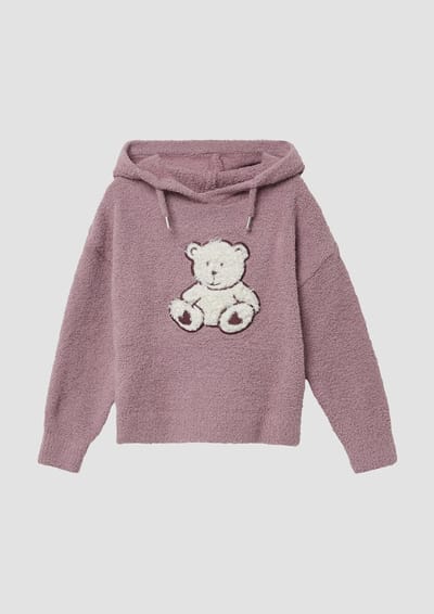 s.Oliver - female - Teddy pluche gebreide trui met capuchon en applicatie aan de voorkant