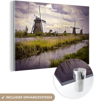 ® Glasschilderij 180x120 cm - Schilderij acrylglas - Molen - Nederland - Water - Foto op glas - Muurdecoratie woonkamer - Wanddecoratie slaapkamer - Schilderijen