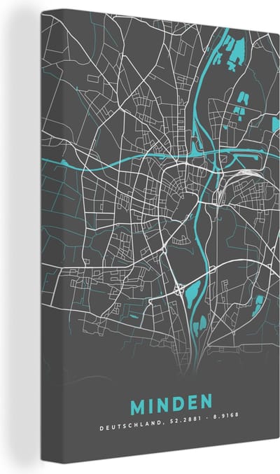 Canvas Schilderij Stadskaart – Kaart – Minden – Blauw – Duitsland – Plattegrond - 20x30 cm - Wanddecoratie