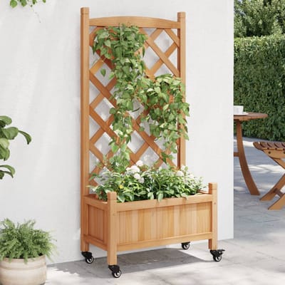 vidaXL - Plantenbak - met - latwerk - en - wielen - massief - vurenhout - bruin