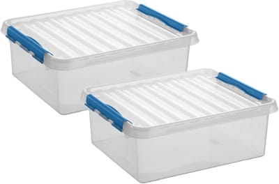 2x stuks sunware q-line opberg box/opbergdoos - 25 liter - 50 x 40 x 18 cm - kunststof - opslagbox - transparant/blauw