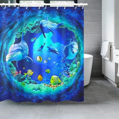 Ocean Underwater World Douchegordijnen Set Dolfijn Dier Vrolijk Zeeleven Landschap Polyester Stof voor Kinderen Badkamer Decor W180xH200cm
