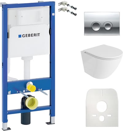 Inbouwreservoir Complete Toiletset Geberit Duofix Basic - Inbouw WC Hangtoilet Wandcloset SOFI ONE Wit Hoogglans Randloos - Bedieningsplaat DELTA 25 Chroom Rund - Voorwandelement - Installatiesysteem