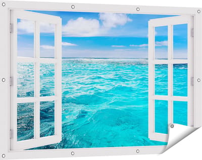 Gards Tuinposter Doorkijk Blauwe Caribische Zee Water - 120x80 cm - Tuindoek - Tuindecoratie - Wanddecoratie buiten - Tuinschilderij
