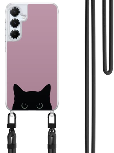 Hoesje met koord geschikt voor Samsung Galaxy A35 5G - Zwarte kat - Inclusief Zwart koord - Crossbody beschermhoes - Transparant, Roze - Mooie Telefoonhoesjes