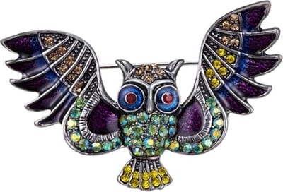 Fako Bijoux® - Broche - Uil Breed - Kristal - 56x35mm - Zilverkleurig