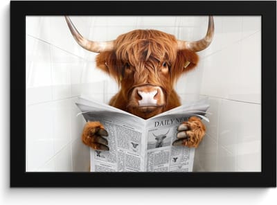 Poster in lijst - Fotolijst 30x20 cm - Posters - Schotse Hooglander - Dier - Krant - Toilet - Posterlijst zwart - Wanddecoratie badkamer - Muurdecoratie WC - Decoratieve accessoires - Toilet muur decoratie