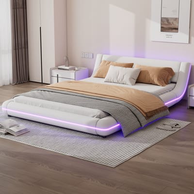 DESMIU Plat Bed 140x200cm Zonder Matras Met Veranderbare Sfeerverlichting Voor Slaapkamer Van Pu En Mdf Wit