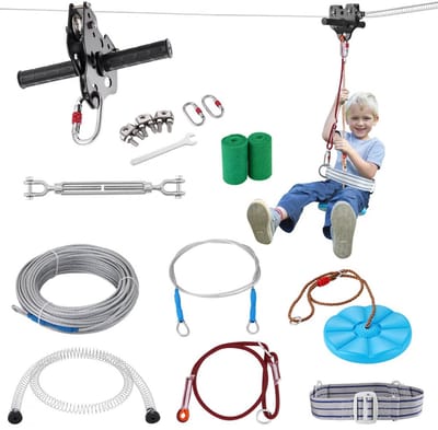 Zipline Kabelbaan - Complete Set voor Achtertuin - Kabellengte 35,58 m - Draagvermogen 150 kg - Verbeterd Veerremsysteem - Voor Kinderen en Volwassenen