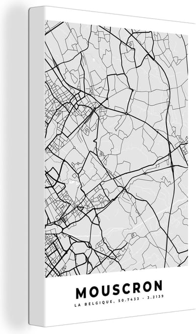 Canvas Schilderij Stadskaart – Zwart Wit - Kaart – Mouscron – België – Plattegrond - 20x30 cm - Wanddecoratie