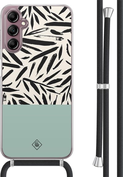 Casimoda® hoesje met koord - Geschikt voor Samsung A14 - Abstract Mint Palms - Afneembaar koord - TPU/acryl - Mint
