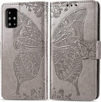 Geschikt voor Samsung Galaxy A71 Bookcase - Grijs - Vlinders - Portemonnee Hoesje