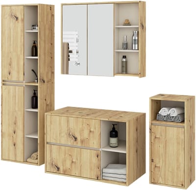 Badkamermeubelset VAMI 4-delige met twee Gaten voor Opzetwastafel / hangende Badkamerkasten / 21 Planken en 2 Lades / Artisan Eik - Kasjmier / AKORD Furniture Factory