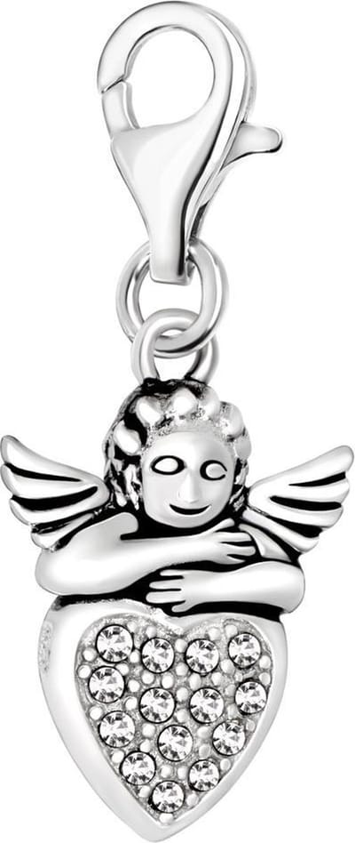 Quiges – Charm – Hanger - 3D Engel op Zirkonia Hart - Verzilverd - karabijnslot - geschikt - voor - Bedelarmband - QHC077