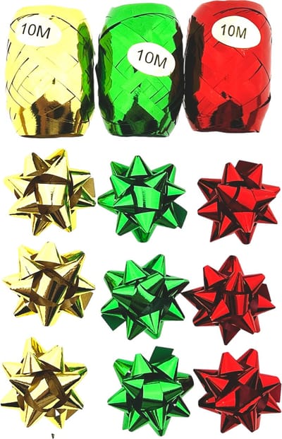 Cadeauversiering - Krullint en strikjes - Groen, Rood & Goudkleurig - 24 stuks