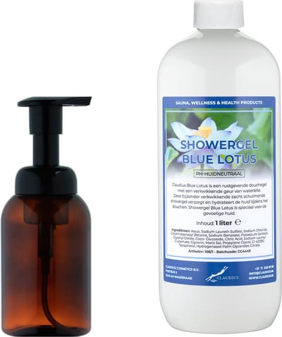 Zeepdispenser 300 ml amber bruin hervulbaar + 1 liter Showergel Blue Lotus navulling