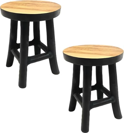 VD Leeden plantverhoger set - teak hout - zwart - H22 + H15 cm - krukje